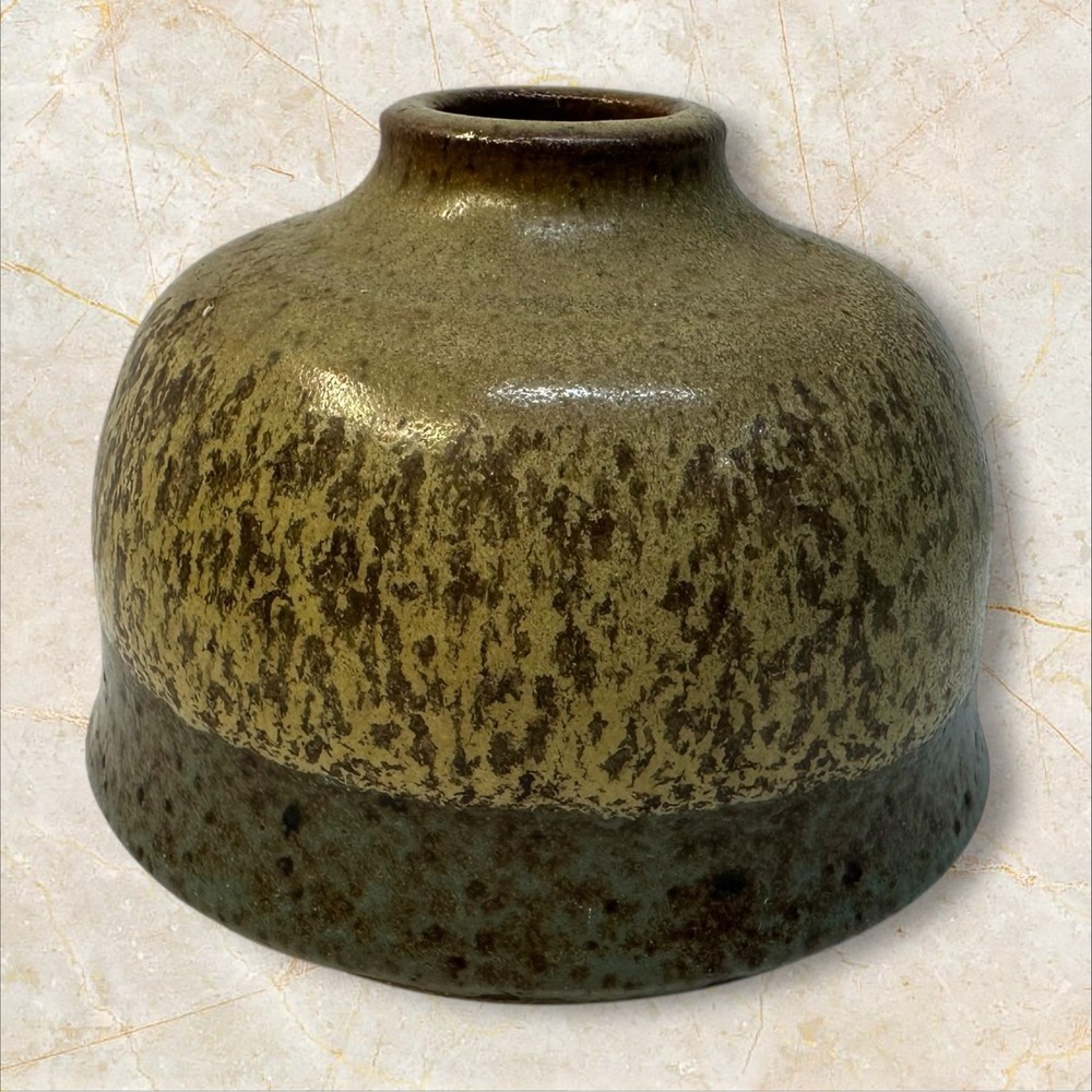 Signed Studio Pottery Bud Vase Olive Green Brown Glaze 3"x4" Handmade
